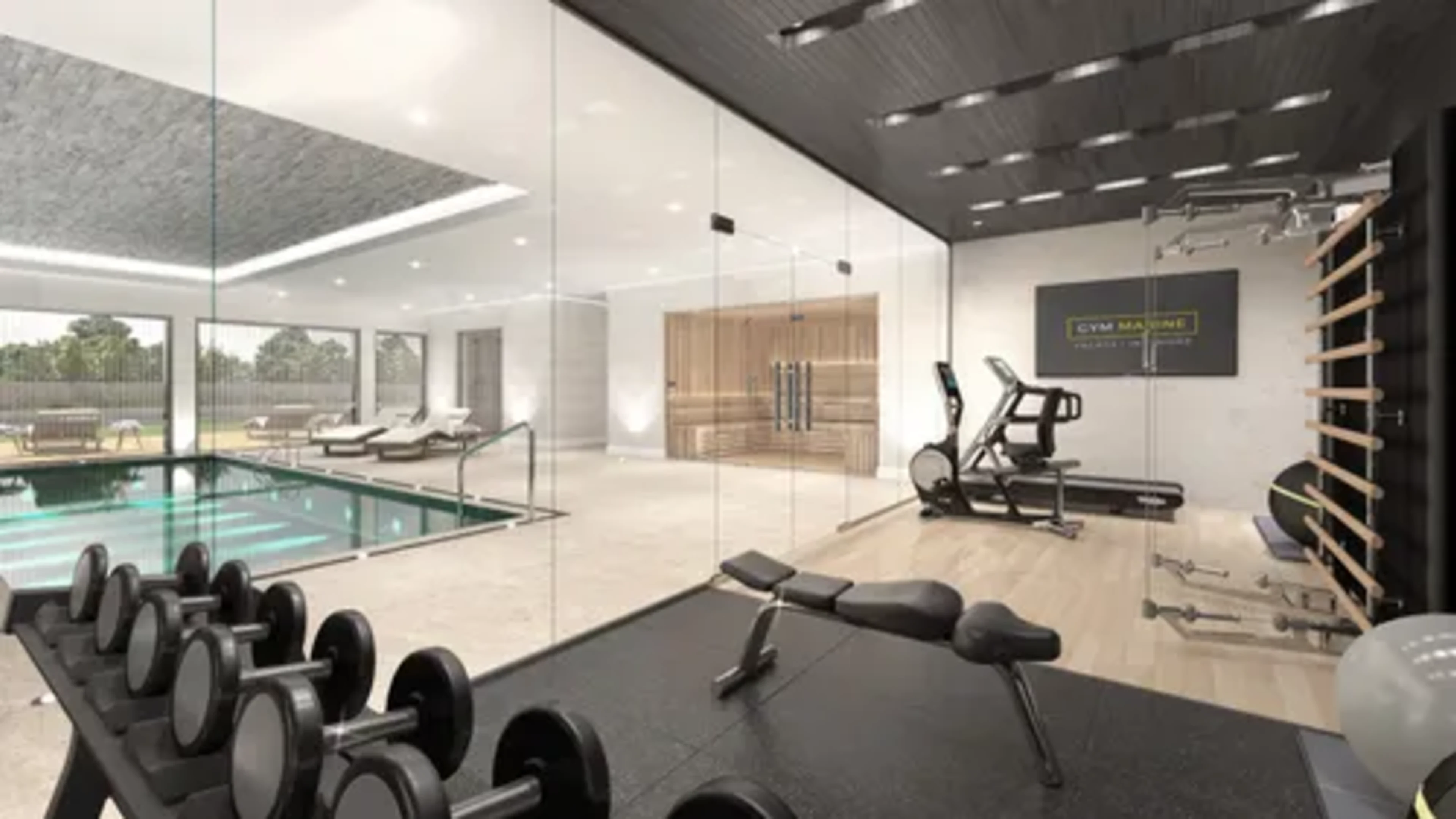 Bright premium gym interior with dumbbells and cardio equipment
